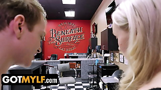 GotMylf - Hot Milf With Perfect Ass Distracts Young Stud With Passionate Blowjob In A Tattoo Studio