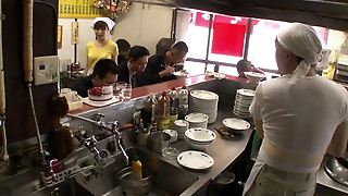 Kitchen maid in Asia Shop gets fucked by every man in the Shop