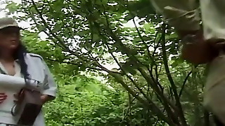 The hunter fucks two cock hungry sluts in the woods