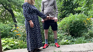 Mommy MILF helps her stepson pee outside and pee standing herself