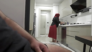 Caught jerking off while watching my Huge ass Hijab Stepmom.