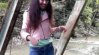 Fucked a sweet girl of the guide on the waterfall. Extreme sex in nature