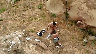 Beautiful short haired sexy and hot tight pussy horny camper girl gets fucked hard by her big dick friend outdoors