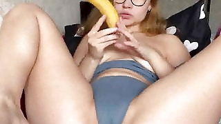 Fucking my tight pussy with a big banana. Deep penetration