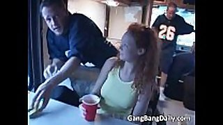 Hot red haired floozy riding tiny in number dicks