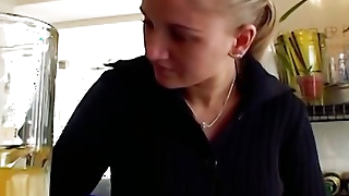 A curvy blonde slut from Germany riding a hard cock in the kitchen