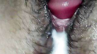 watch me fuck myself with my thick dildo and cream my hairy pussy