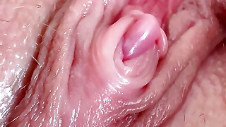 Extreme close up pussy and big erect clit! Girl shows her pink wet creamy pussy