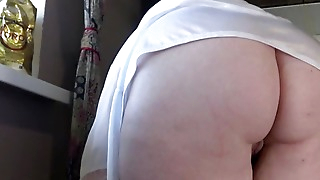 The camera watches the big ass under the short robe of my mature stepmother. Chubby milf in everyday life. Sexy bbw? PAWG.