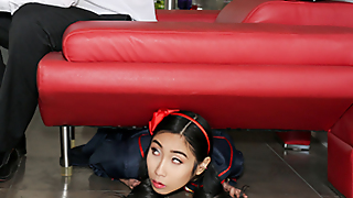 Eva Yi is so tiny she can be chased around the house for hours without being caught. She can hide under desks, under chairs, and even in small corridors. When she was finally apprehended, she was promptly fucked in her tight asian pussy. Her holes were re