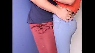 Hot girl around tight jeans grinds ass on guys dick and cumshots on ass