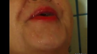 Chubby granny pissing in the shower