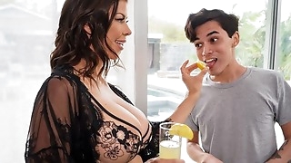 Dark-haired housewife seduces and fucks young pool boy